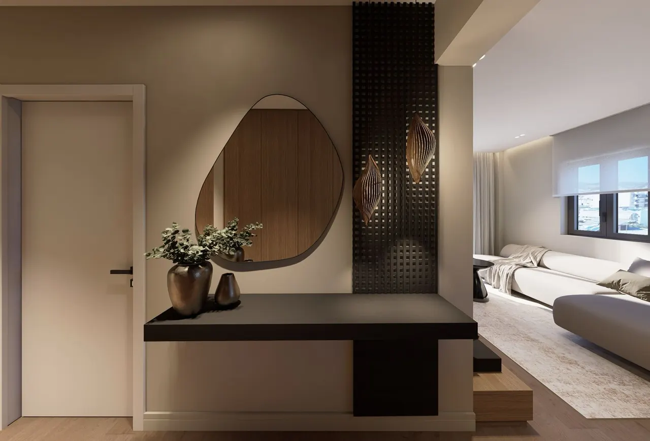 Concept render of an entry console and mirror opening onto a living room (the B2 layout)