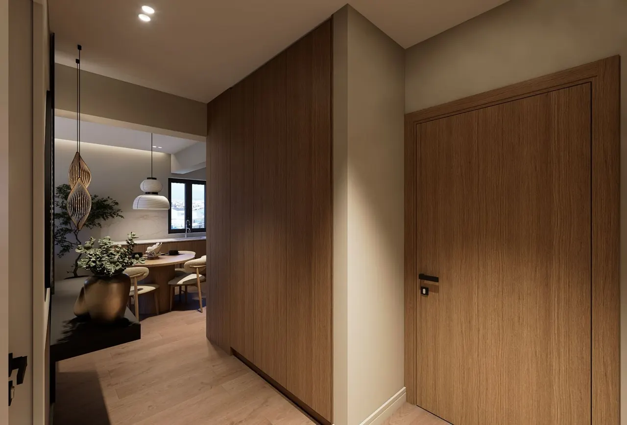Concept render of an entrance hall with an oak wall and doors (the B2 layout)