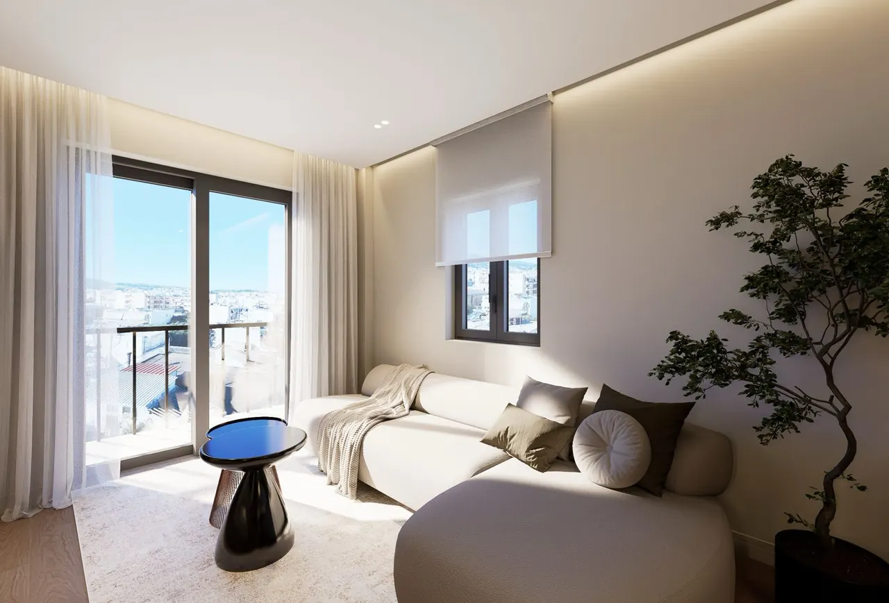 Concept render of a living room opening onto a balcony (the B2 layout)