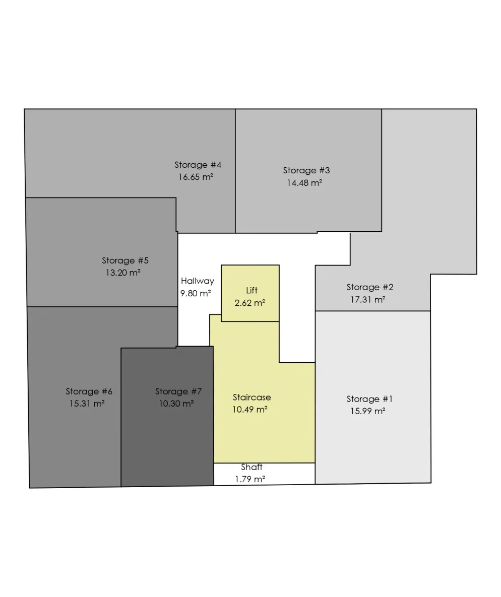 Area key of the basement with the seven storage rooms, concept design