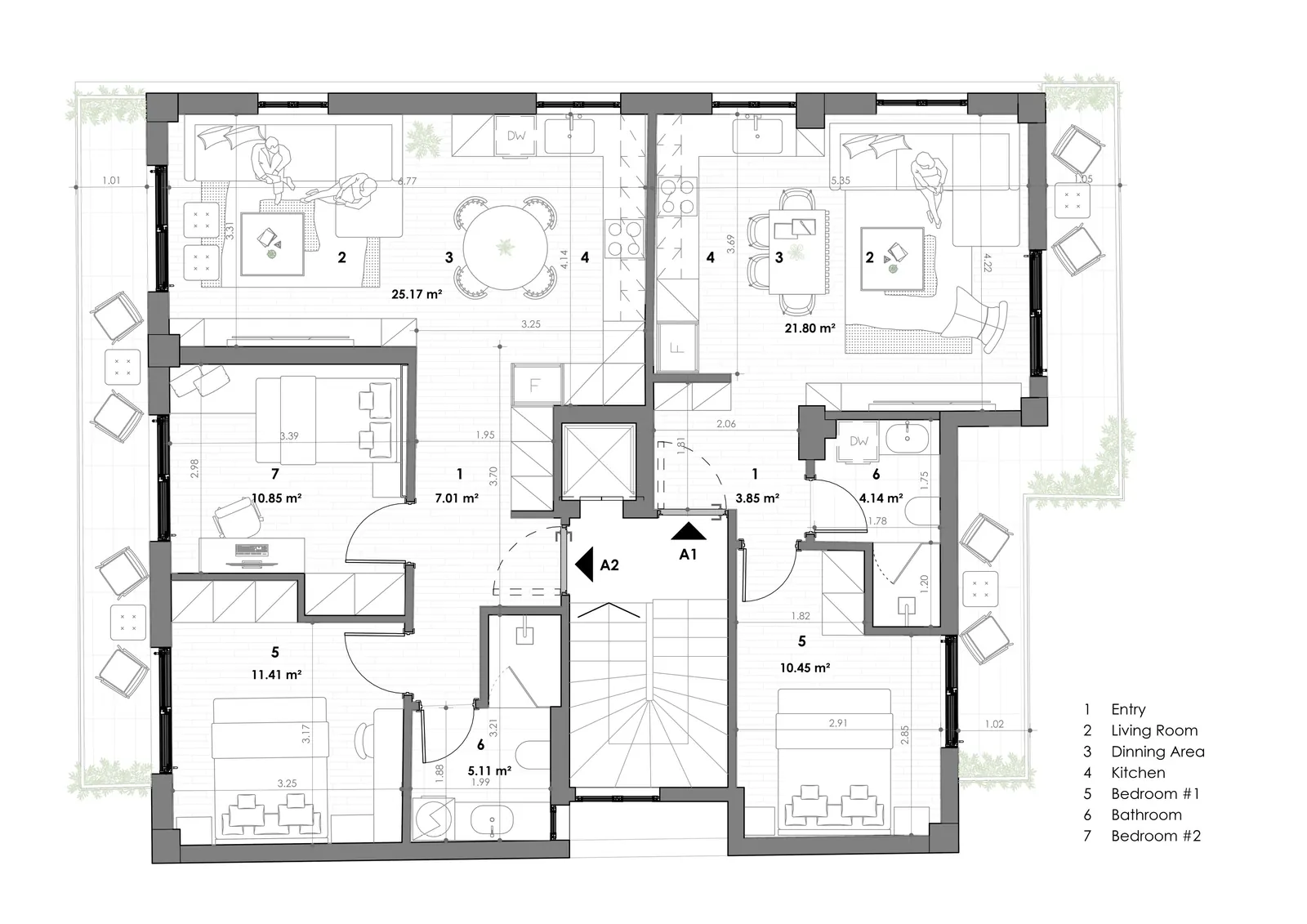 Concept floor plan of the first floor with residences A1 and A2