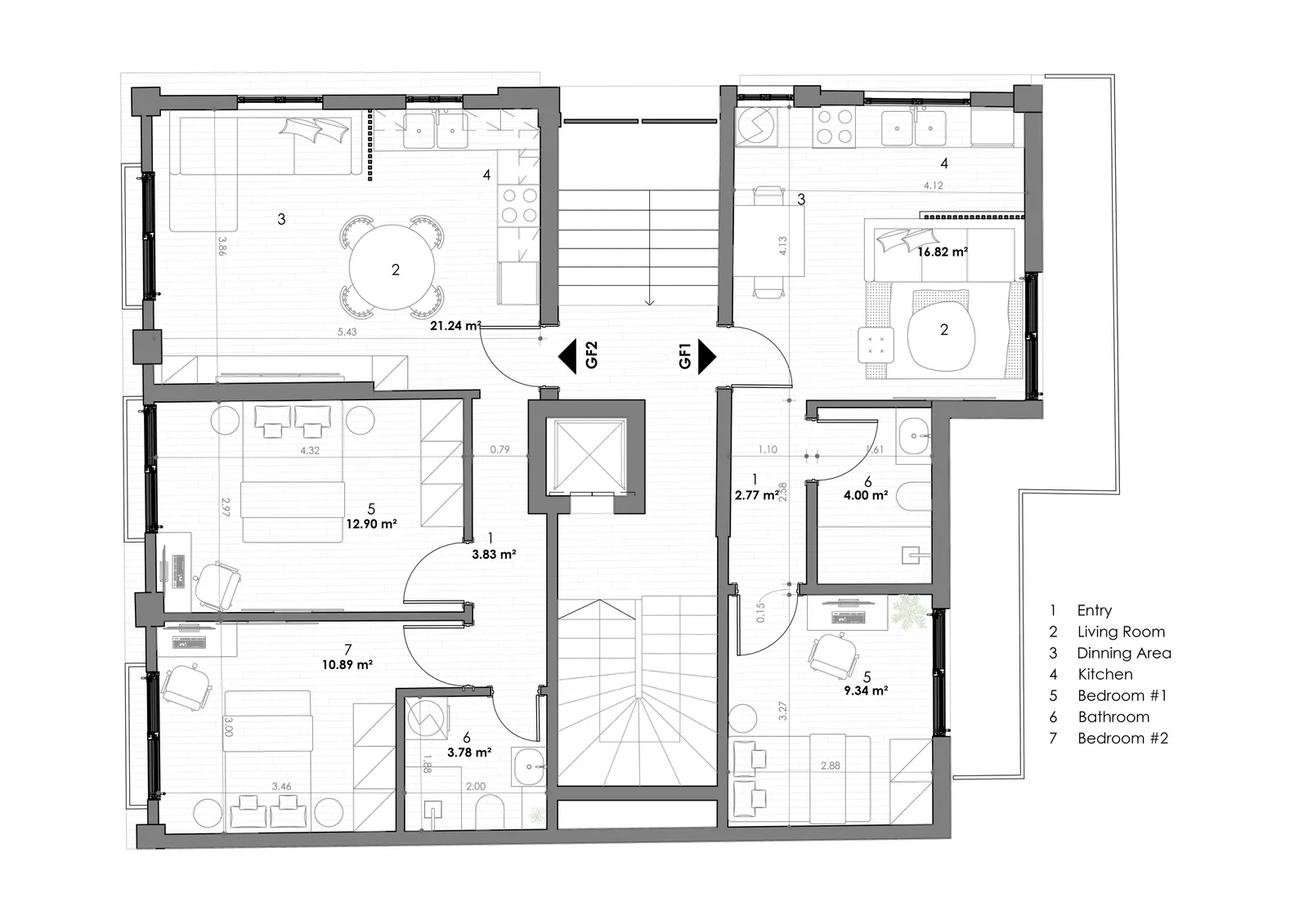 Concept floor plan of the ground floor with residences GF1 and GF2