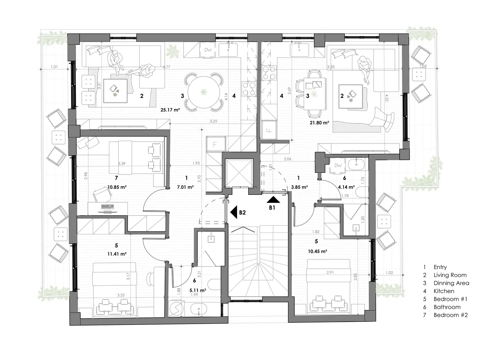 Concept floor plan of the second floor with residences B1 and B2