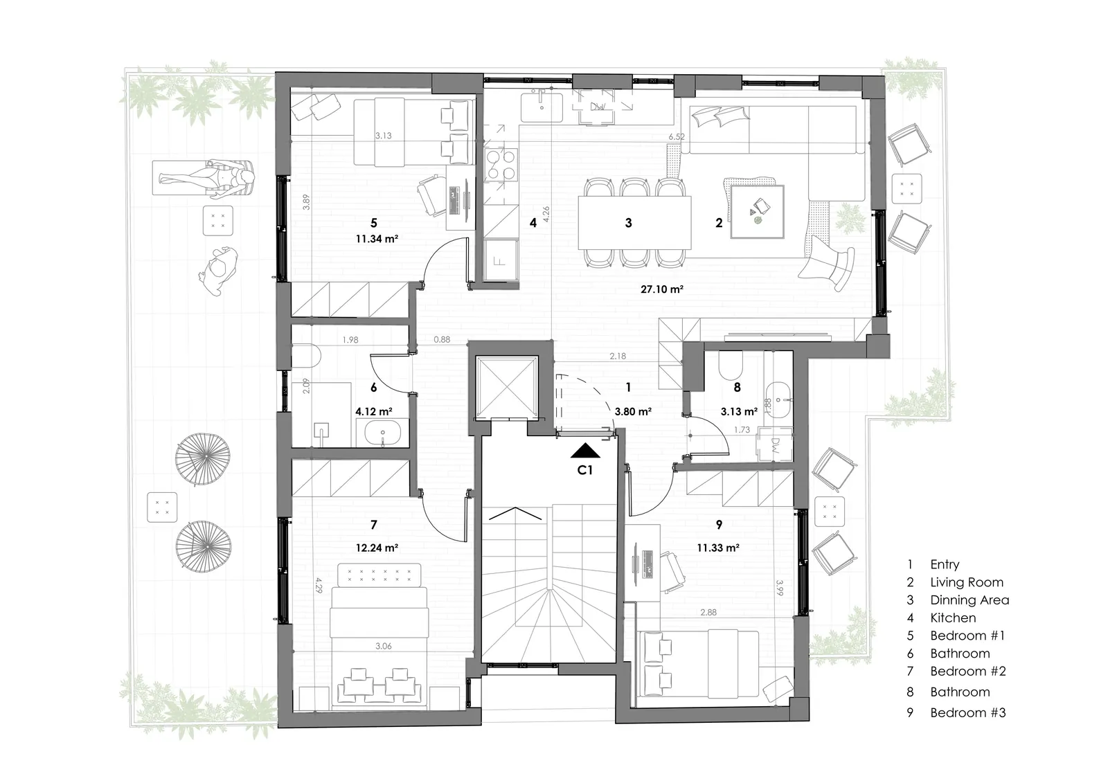 Concept floor plan of the third floor with the penthouse C1