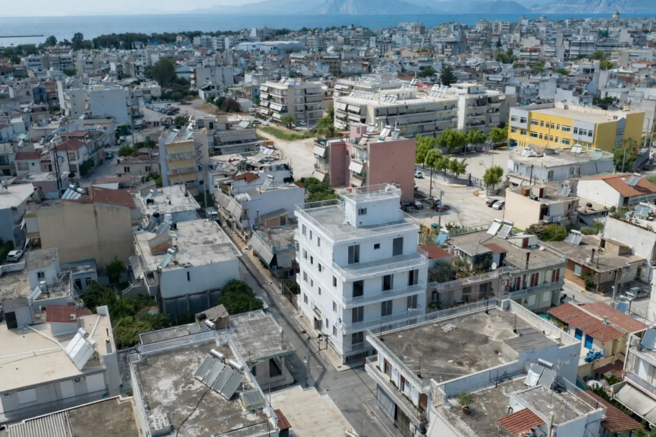 Drone photo of the building today in its south Patras neighbourhood