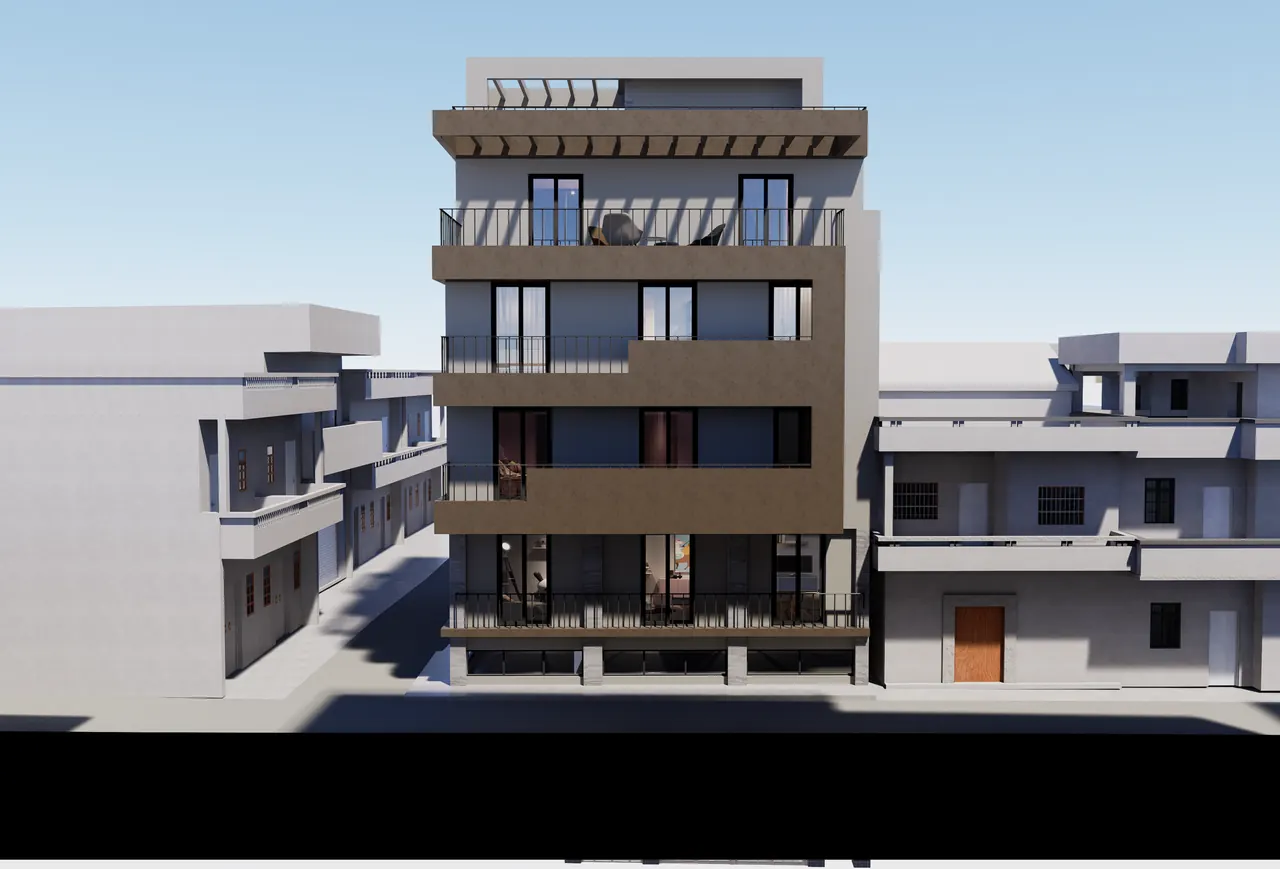 Concept render of the balconies and the pergola roof