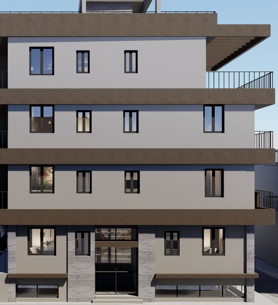 Concept render of the same facade after the planned conversion, with new balcony bands and an entrance in stone
