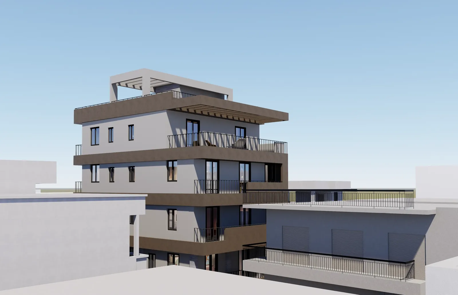 Concept render of the converted building from a neighbouring roof: layered balconies, bronze bands and the roof pergola